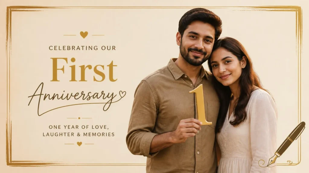 Couple holding a numeral one decoration for classic 1 year anniversary captions