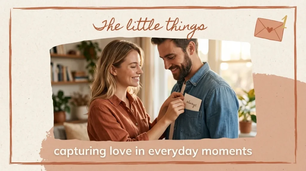 Woman giving handwritten note to partner for 1 year anniversary captions for him