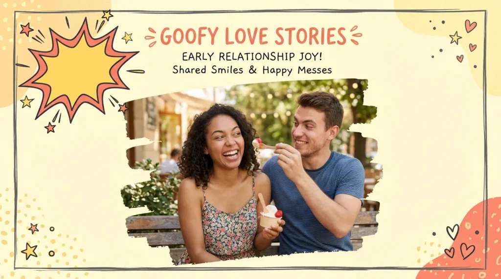 New couple laughing over ice cream illustrating funny captions for new couples