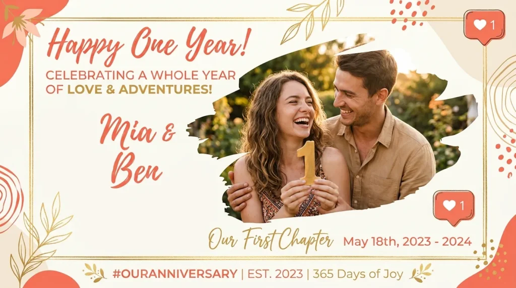 Couple posing with a numeral prop for 1 year anniversary captions for Instagram