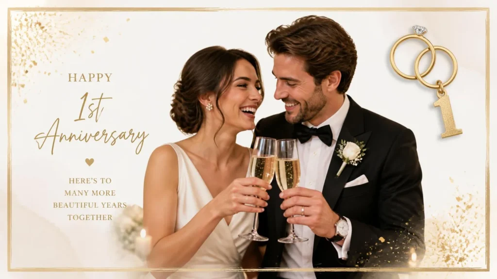 Couple toasting champagne to celebrate their 1 year wedding anniversary captions