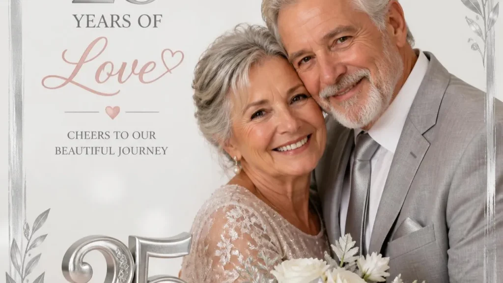Couple embracing near silver flowers for 25th silver wedding anniversary quotes for parents