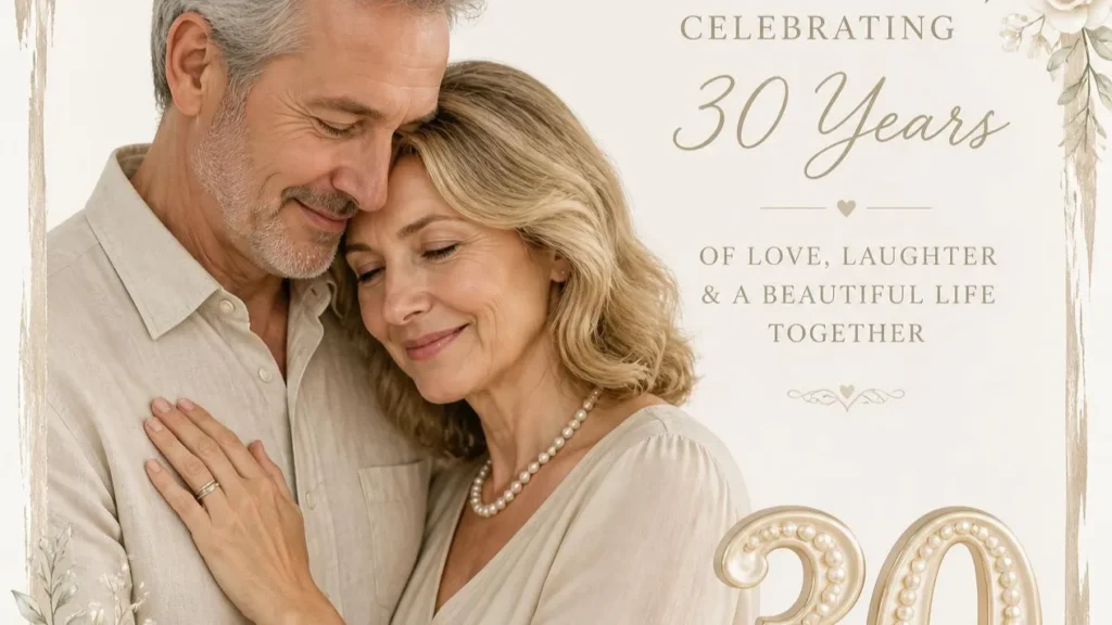 Couple embracing with pearl accents for 30th pearl wedding anniversary quotes for parents