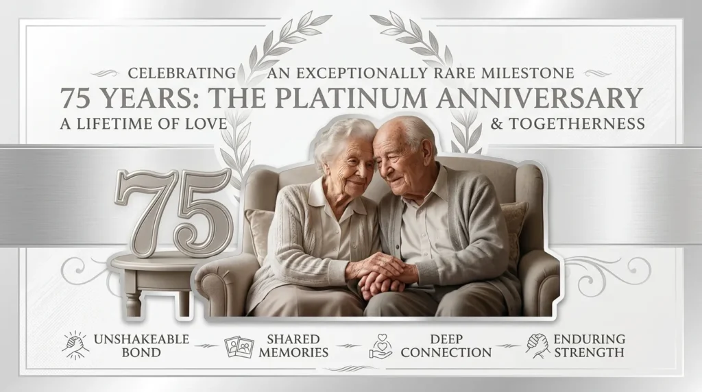 Elderly couple sitting together honoring 75th platinum wedding anniversary quotes for parents