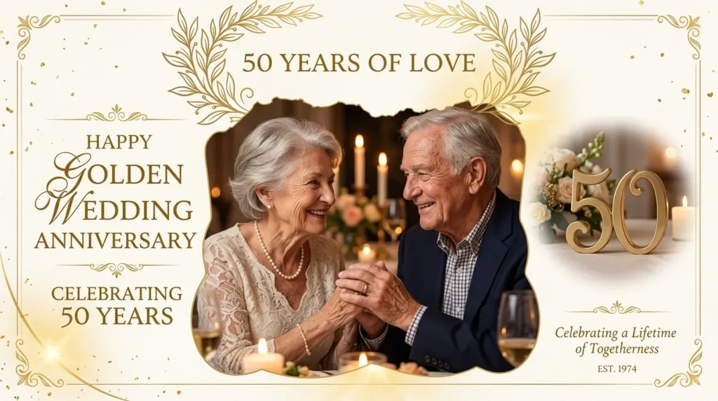 Senior couple holding hands celebrating 50th golden wedding anniversary quotes for parents