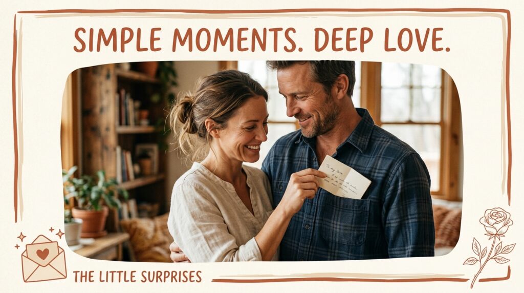 Wife giving handwritten note to husband for short anniversary captions for husband