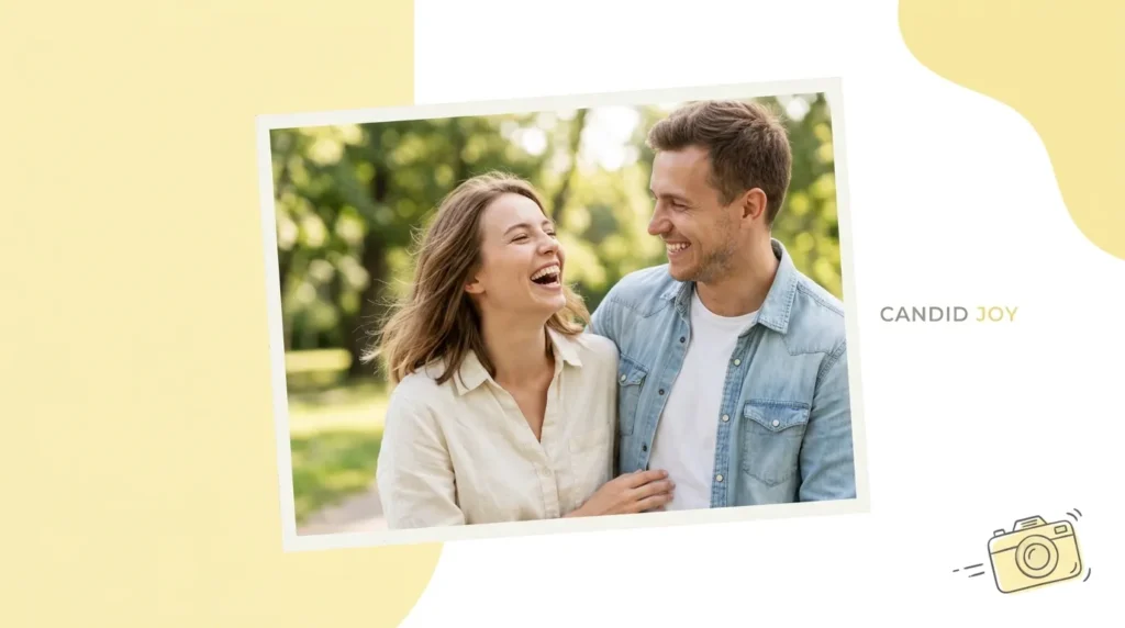 Couple laughing spontaneously representing anniversary captions for a candid photo
