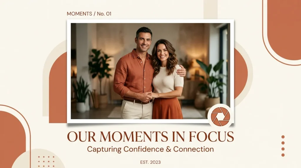 Couple posing together in a portrait style for anniversary captions for a posed couple photo