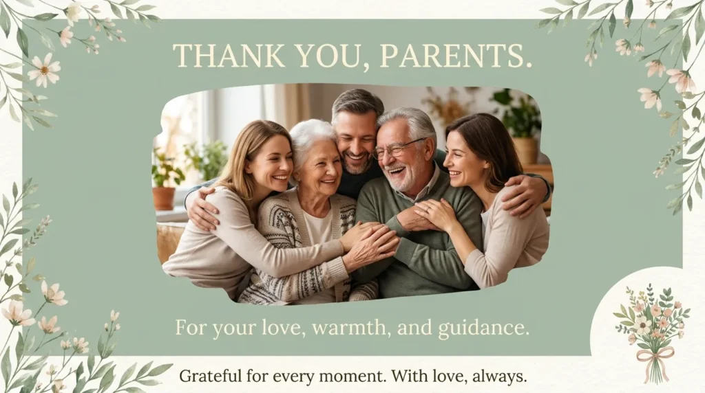 Family embracing elderly parents warmly for anniversary captions for parents on Instagram