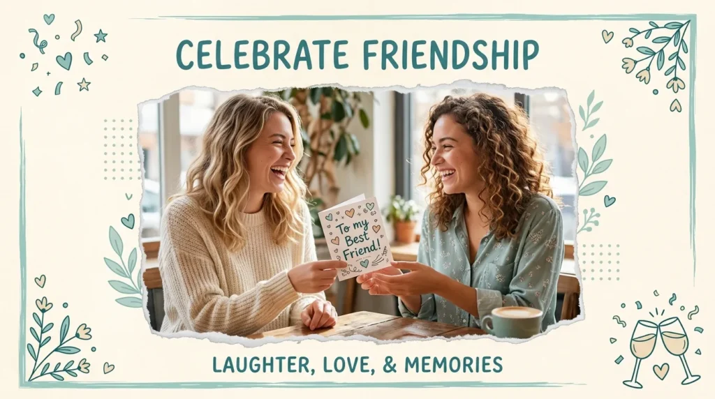 Friends exchanging a card joyfully for anniversary card messages for friends