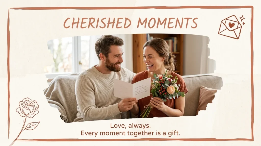Husband giving a card and flowers for anniversary card messages for wife