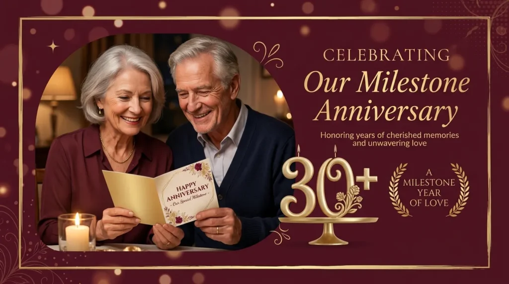 Couple holding a card together for anniversary card messages tied to the milestone year