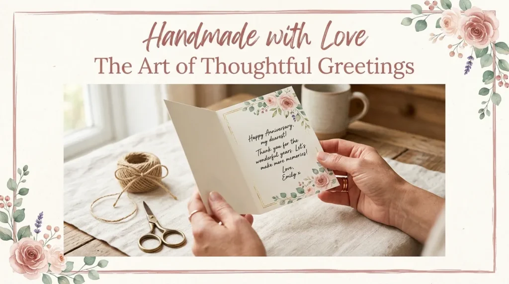 Hands holding an open card representing anniversary greetings for a card design