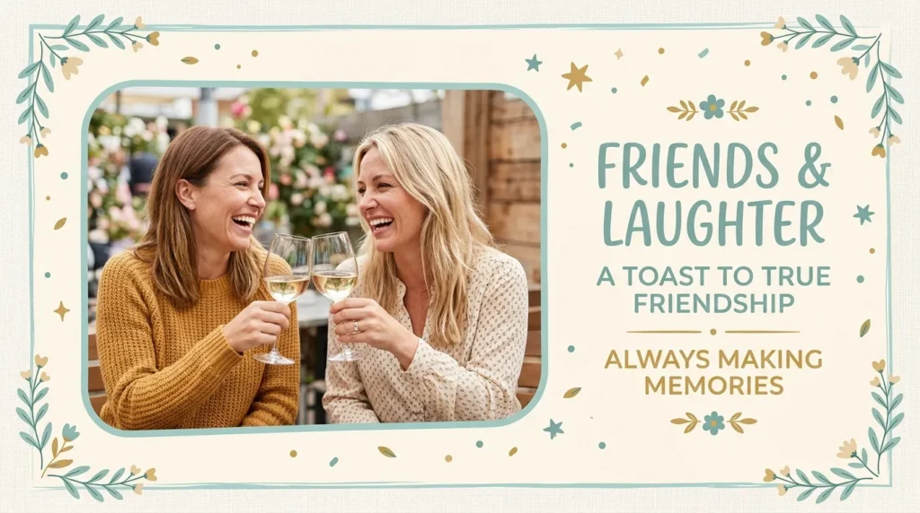 Friends toasting happily illustrating anniversary greetings messages for friends