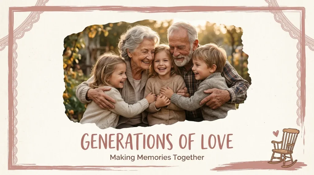 Grandchildren hugging grandparents warmly for anniversary quotes for grandparents design