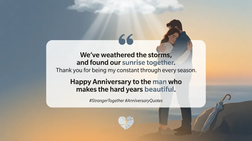 Couple embracing tightly reflects anniversary quotes for him hard years.