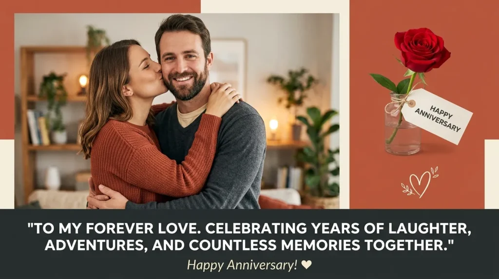 Wife embracing husband affectionately highlights loving anniversary quotes for husband.