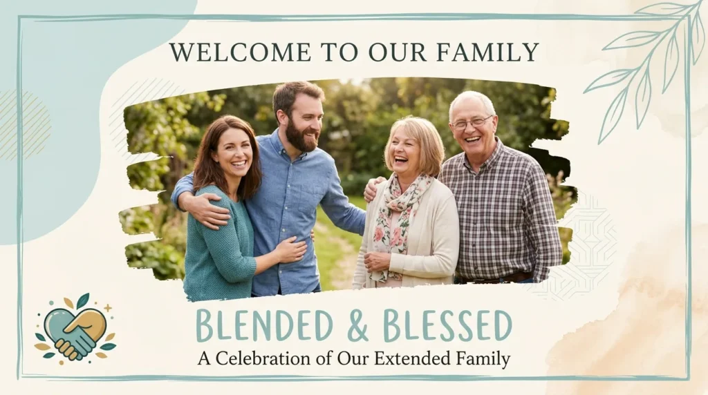 Extended family smiling together illustrating anniversary quotes for in-laws design