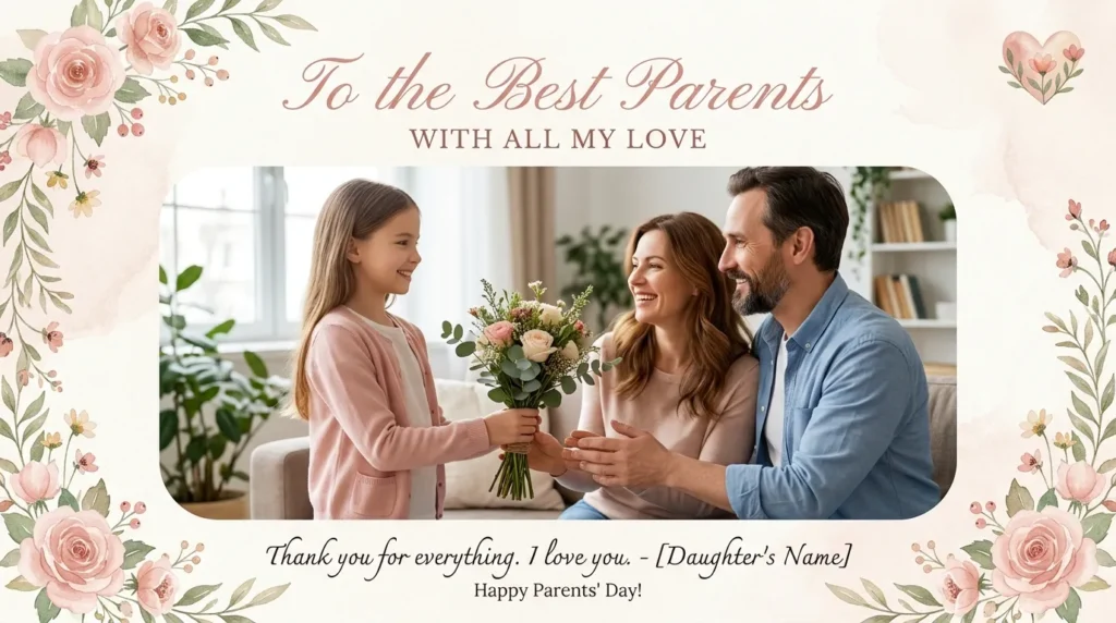 Daughter giving flowers to parents representing anniversary quotes for parents from their daughter