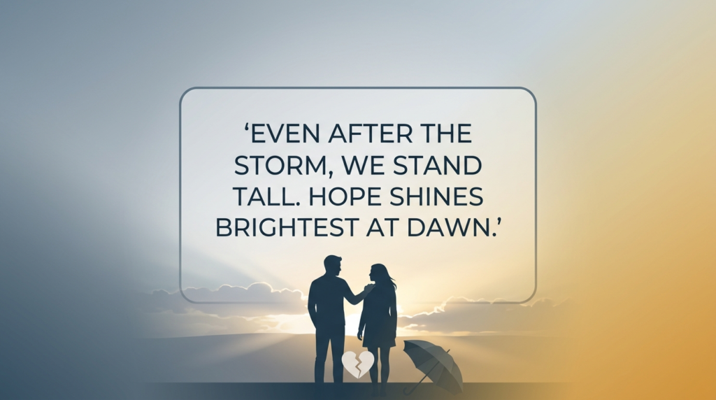 Couple embracing through storm symbolizes resilient anniversary quotes for hard years.