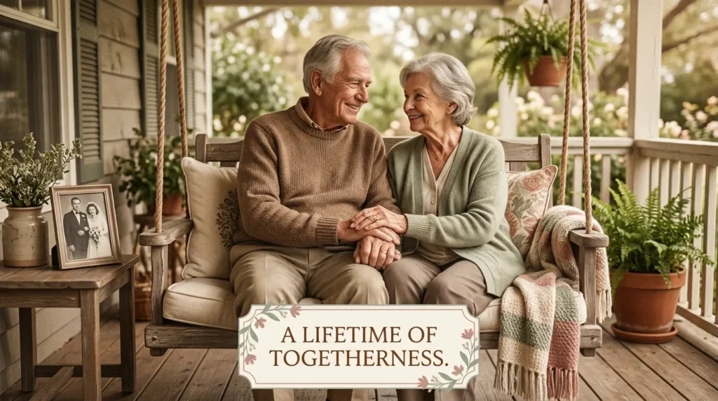 Elderly couple holding hands represents heartfelt anniversary quotes for long marriage.