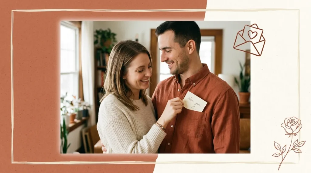 Wife giving handwritten note to husband for an anniversary status for husband