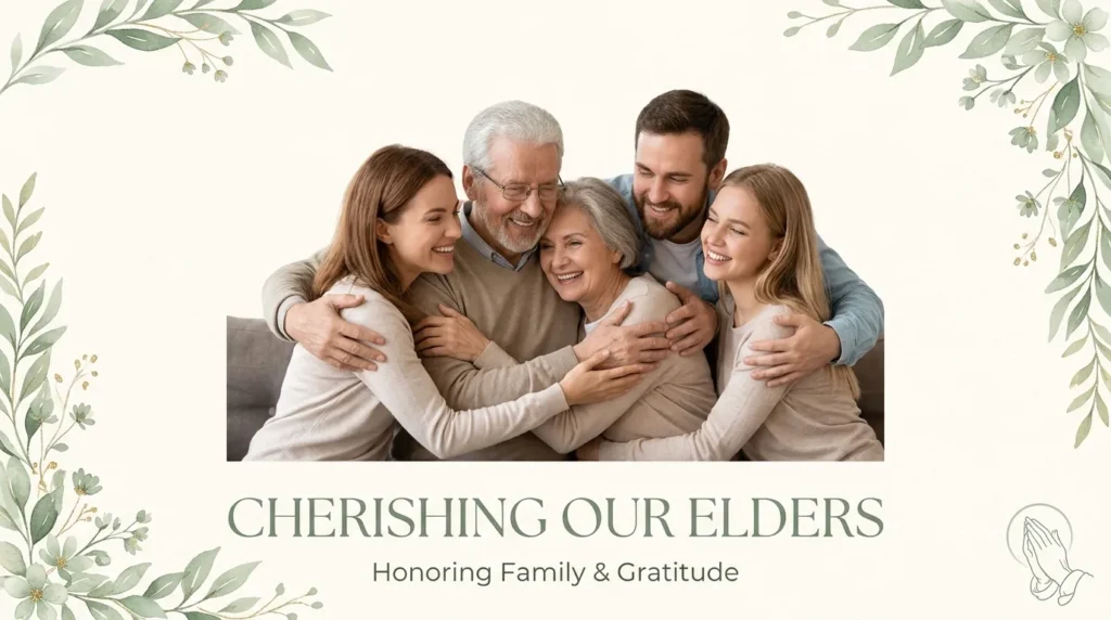 Family embracing elderly parents warmly for an anniversary status for parents on whatsapp