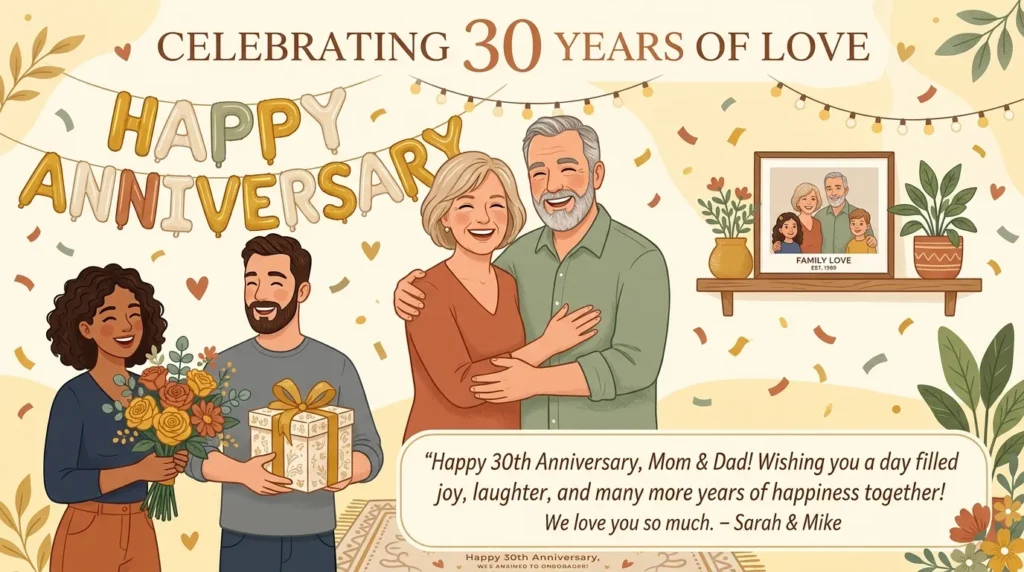 Family celebrating together showcases warm anniversary wishes for parents lovingly.