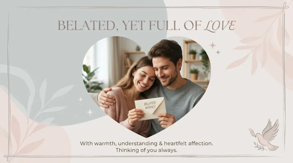 Couple sharing a warm embrace while exchanging belated anniversary card messages