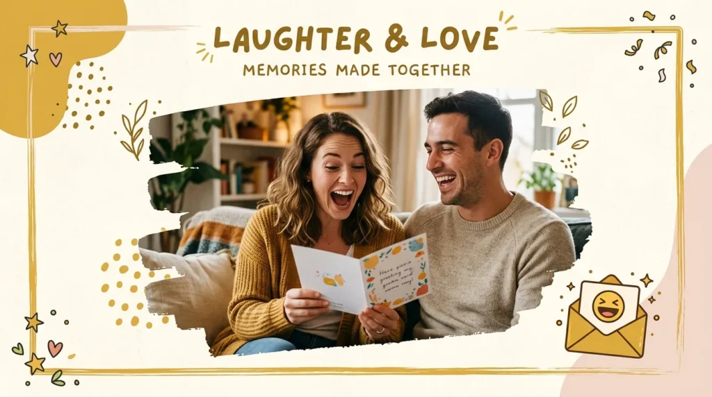 Couple laughing over a card representing funny anniversary card messages design