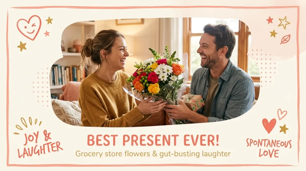 Husband surprising wife playfully illustrating funny anniversary quotes for a wife