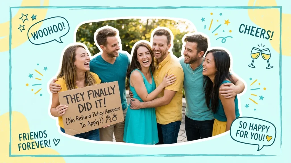 Friends teasing a couple playfully for funny anniversary quotes from friends