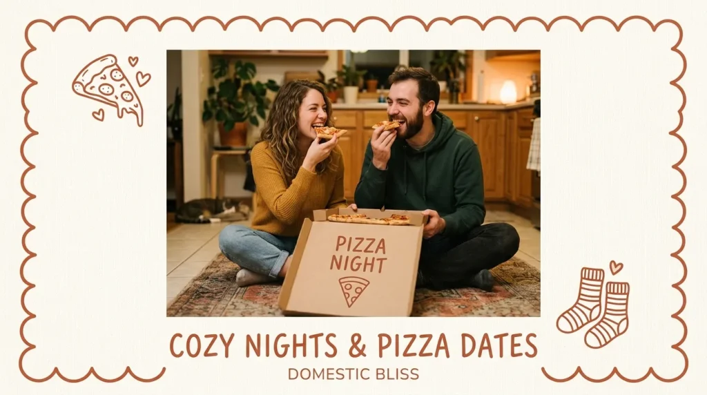 Couple sharing pizza on the floor for funny captions about everyday life together