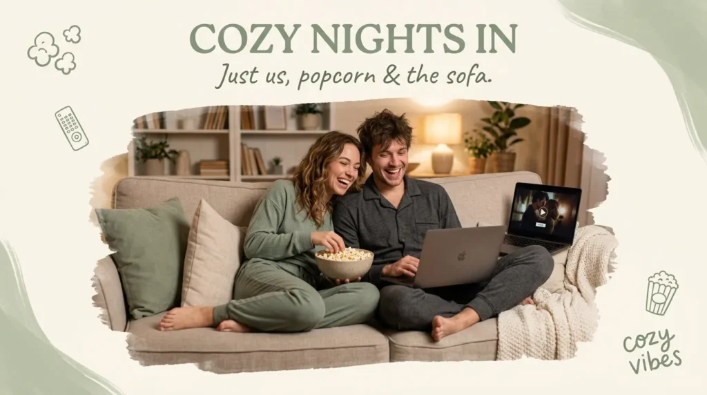 Couple relaxing on a couch fitting funny captions for a low-key anniversary