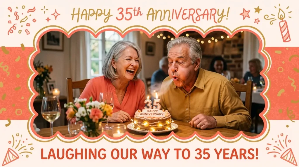 Couple laughing over a candle-lit cake for funny milestone anniversary captions