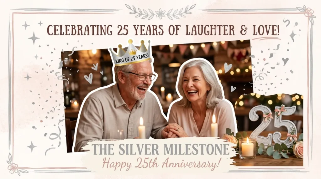 Couple laughing with a paper crown for funny quotes for a 25-year anniversary