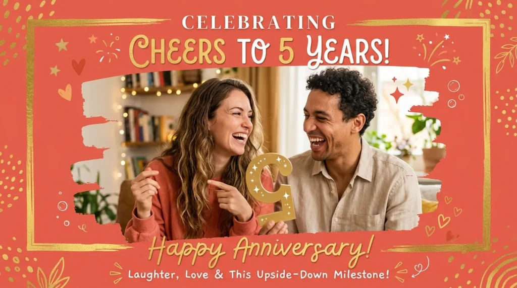 Couple joking with a numeral prop for funny quotes for a 5-year anniversary