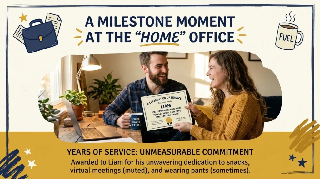Couple joking with a mock certificate for funny work anniversary-style captions for couples
