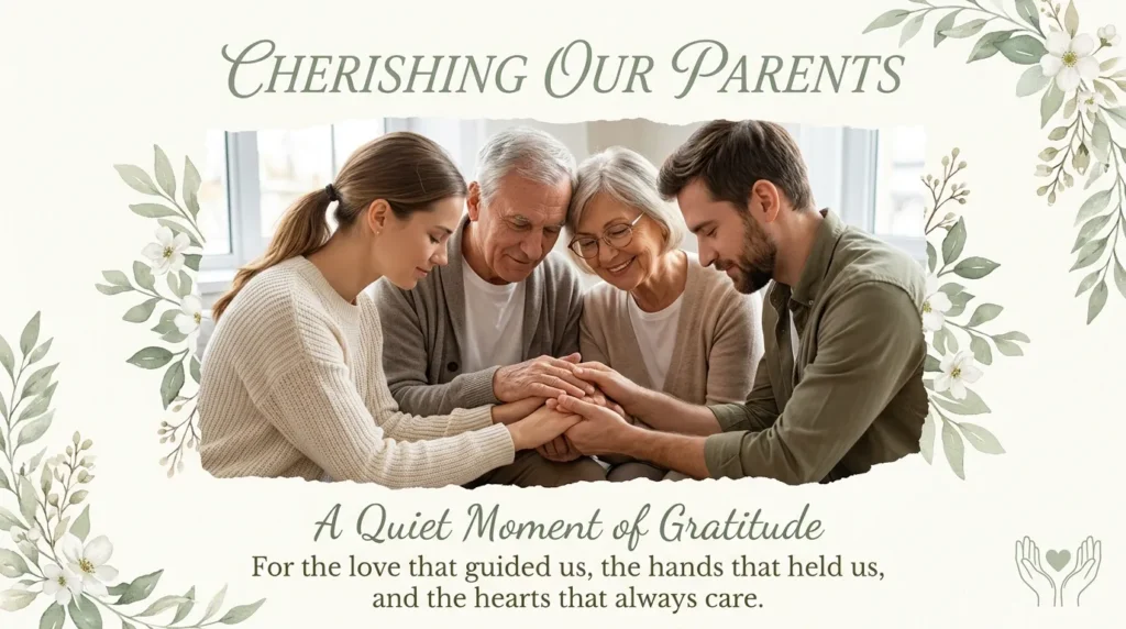 Children holding parents' hands expressing gratitude-focused anniversary quotes for parents
