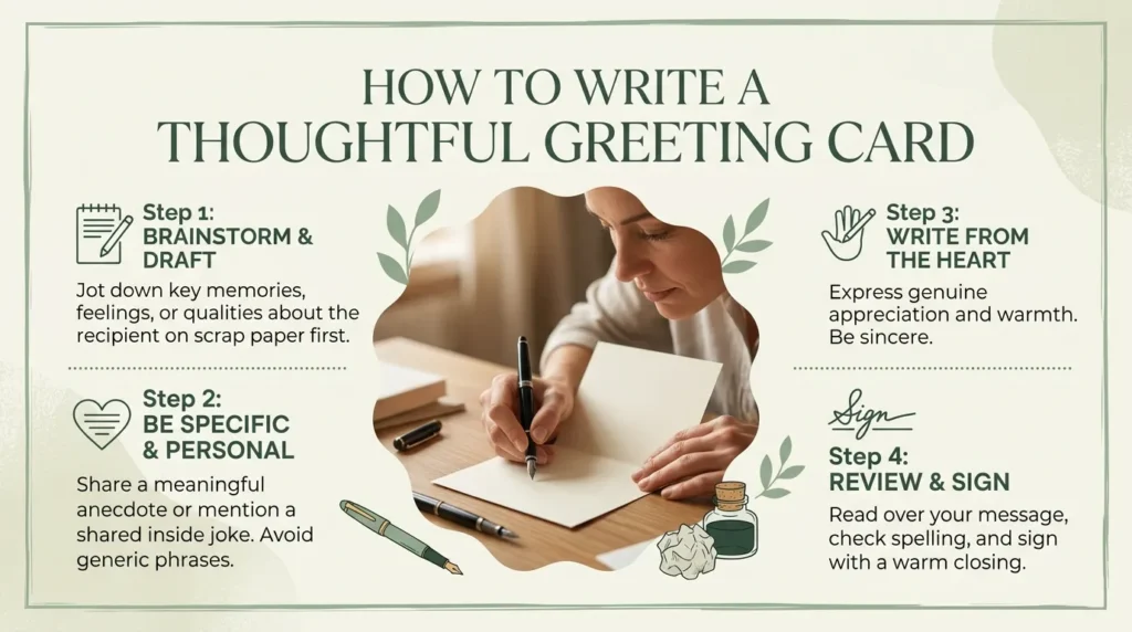 Hand writing thoughtfully in a card demonstrating how to write an anniversary card message