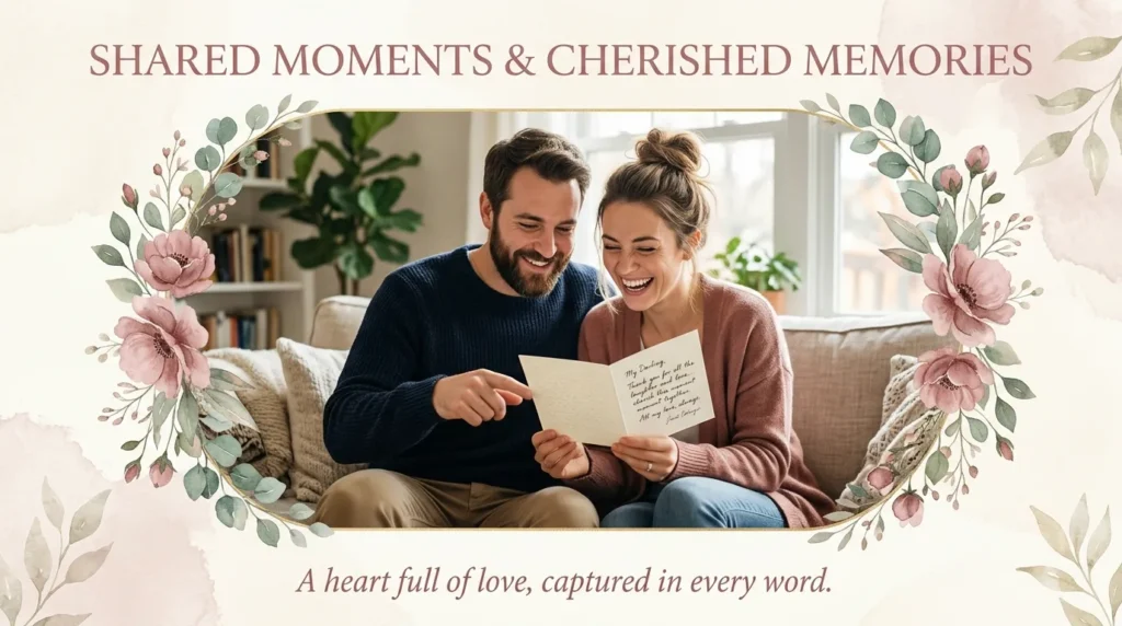 Couple reading a card together illustrating mid-length anniversary card messages