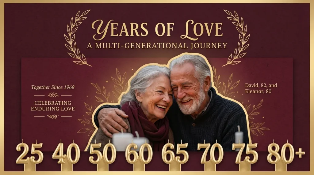Couple embracing near numeral props for milestone-specific anniversary greetings for years