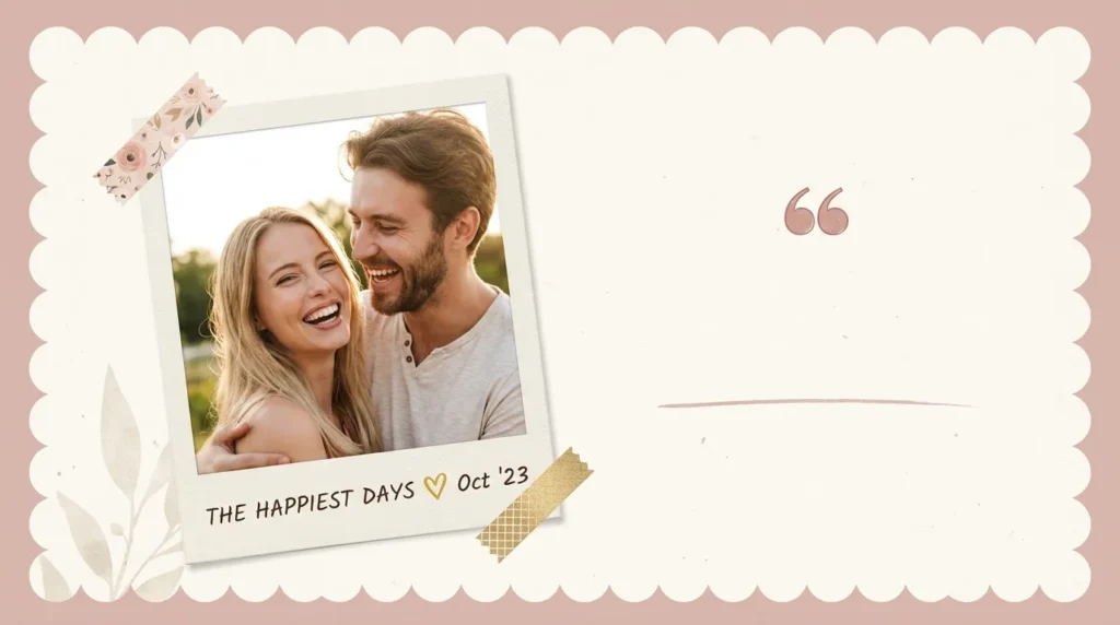 Tilted polaroid of a laughing couple representing quotes for anniversary photo images