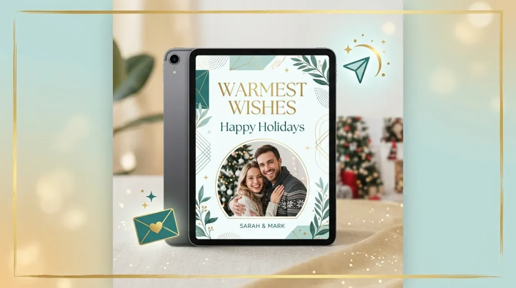 Digital card mockup on a tablet showing quotes for digital anniversary cards ecards