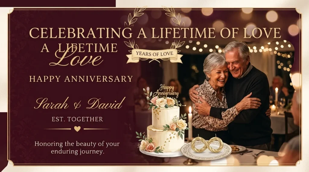 Couple embracing near a cake representing quotes for milestone anniversary images