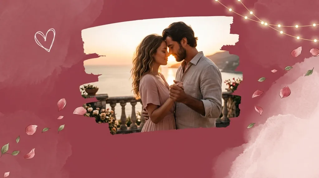 Couple slow dancing at sunset illustrating a romantic anniversary status for whatsapp
