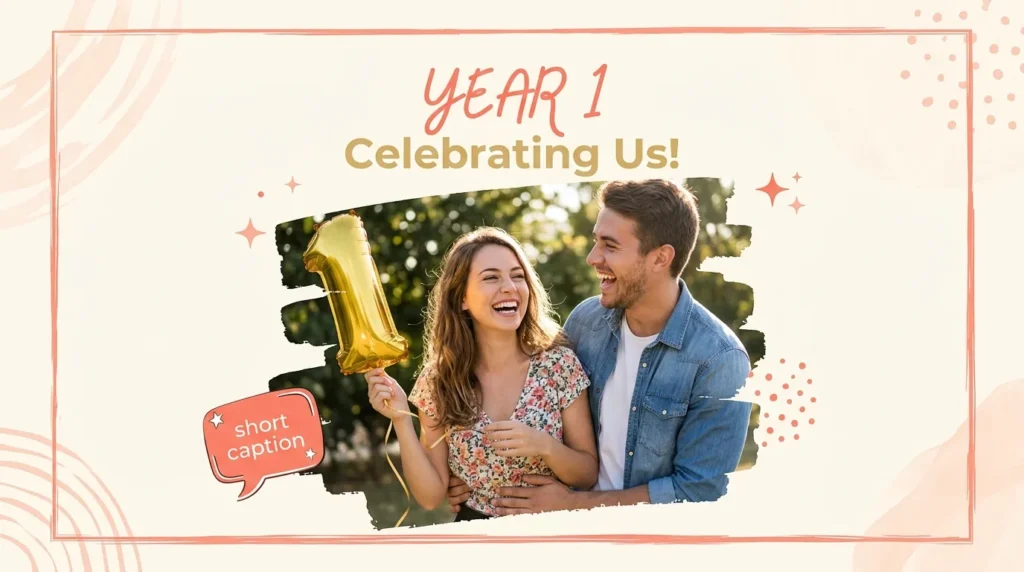 Couple celebrating with a numeral balloon representing short 1 year anniversary captions