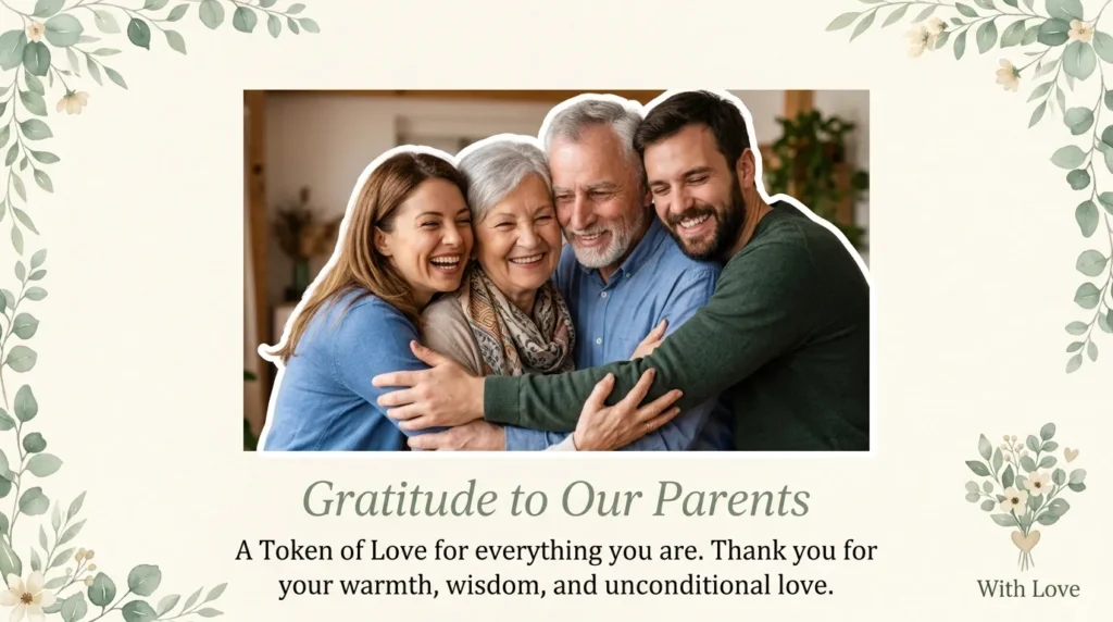 Family embracing elderly parents warmly for short anniversary captions for parents
