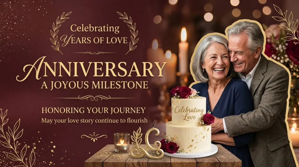 Couple embracing near a cake representing short captions for a milestone anniversary