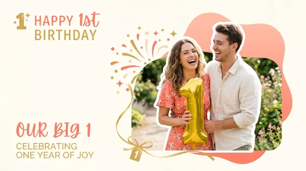 Young couple celebrating with a numeral balloon for short first anniversary captions